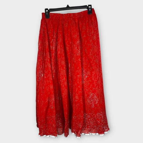 Elastic Waist Red Cotton Gold Silver Stamped Floral Midi Skirt Silver Trim Small - Picture 1 of 8